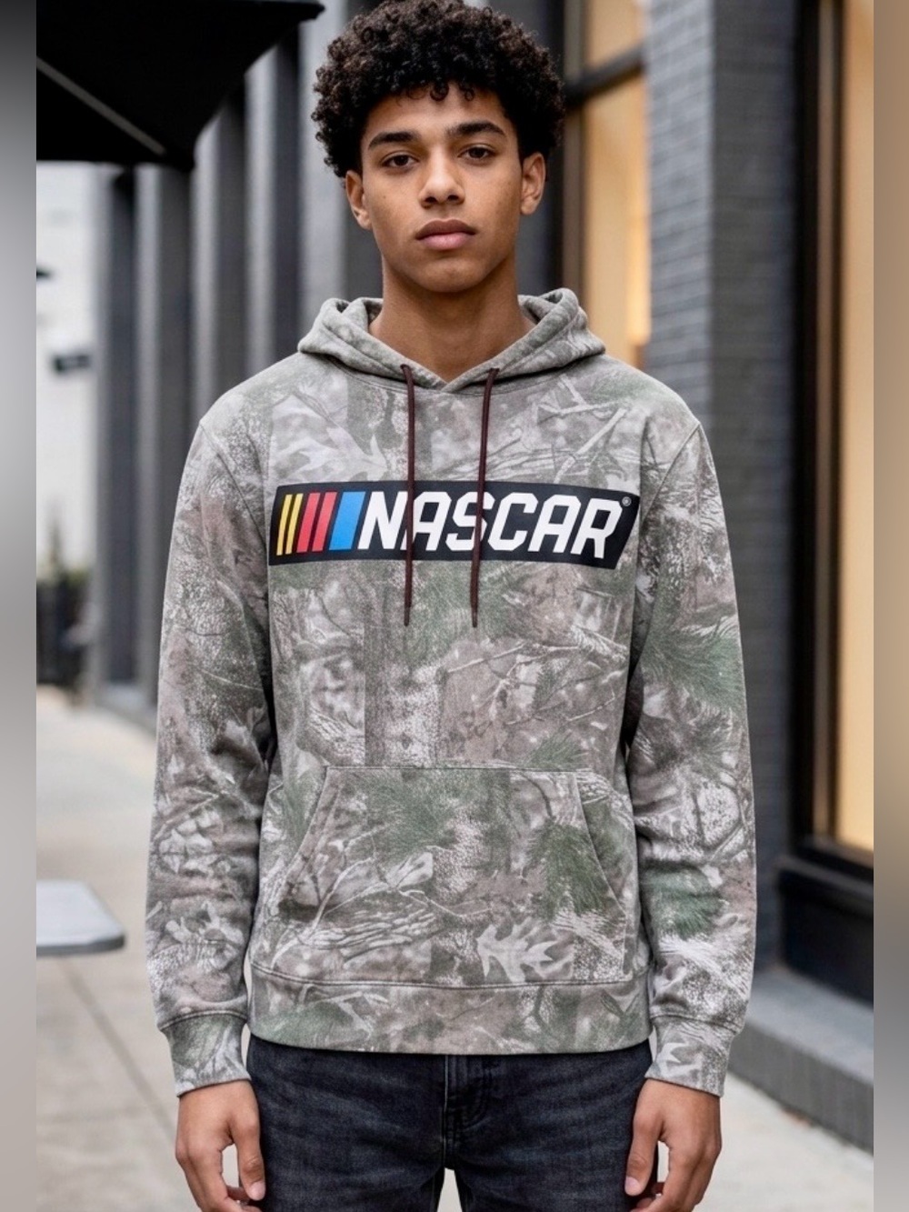 NASCAR Men’s Gray & Green Camo Pullover Hoodie with Multicolor Logo M